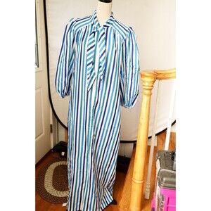 Vintage David Brown Norm Thompson M Blue striped Maxi Dress pockets